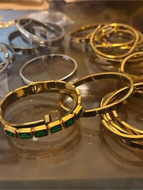 Gold-Tone Bracelet Set with Emerald Green Accents